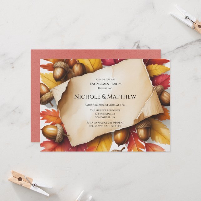 Fall Leaves & Acorns Rustic Engagement Party Invitation (Front/Back In Situ)