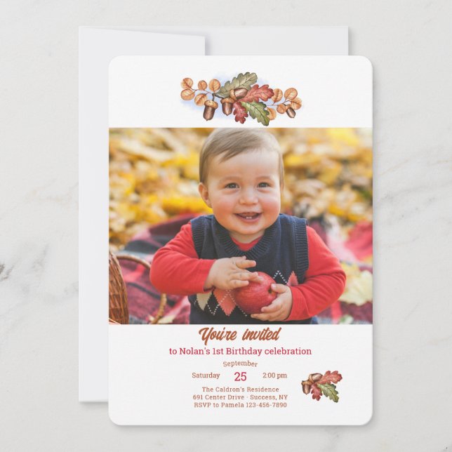 Fall Leaves and Acorns Photo Invitation (Front)
