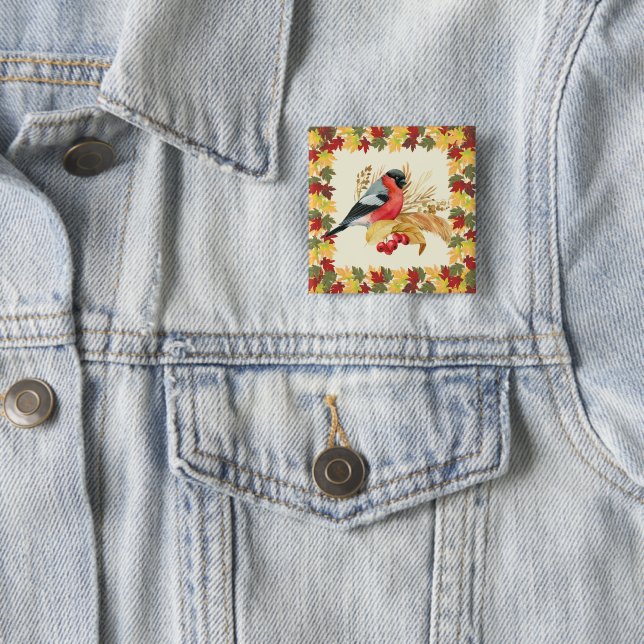 Fall leaves and bird  2 inch square button (In Situ)