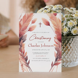 Fall Leaves and Feathers Son Christening Invitation