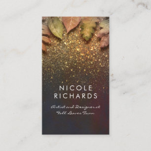 Fall Leaves and Gold Glitter Shine Vintage Elegant Business Card