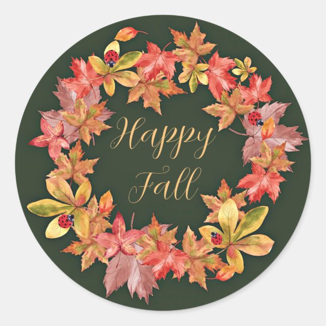 Fall leaves and ladybugs with customizable text classic round sticker (Front)