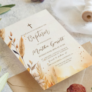Fall Leaves and Pampas Girl Baptism Invitation