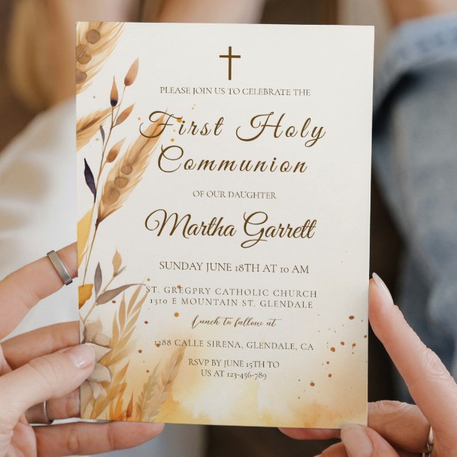Fall Leaves and Pampas Girl First Holy Communion Invitation (Creator Uploaded)