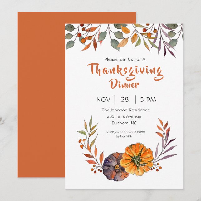 Fall leaves and pumpkin Thanksgiving invitation (Front/Back)
