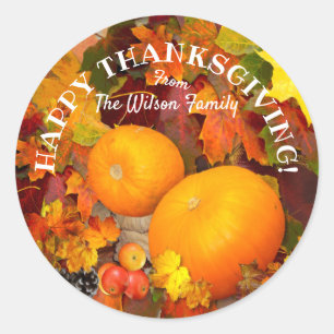 Fall leaves and  pumpkins Happy Thanksgiving Class Classic Round Sticker