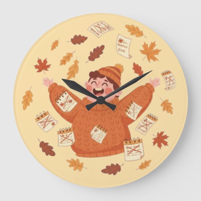 Fall Leaves Art | Playful Autumn Design Large Clock (Front)