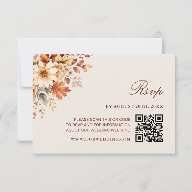 Fall Leaves Autumn Botanical QR Code Wedding RSVP Card (Front)