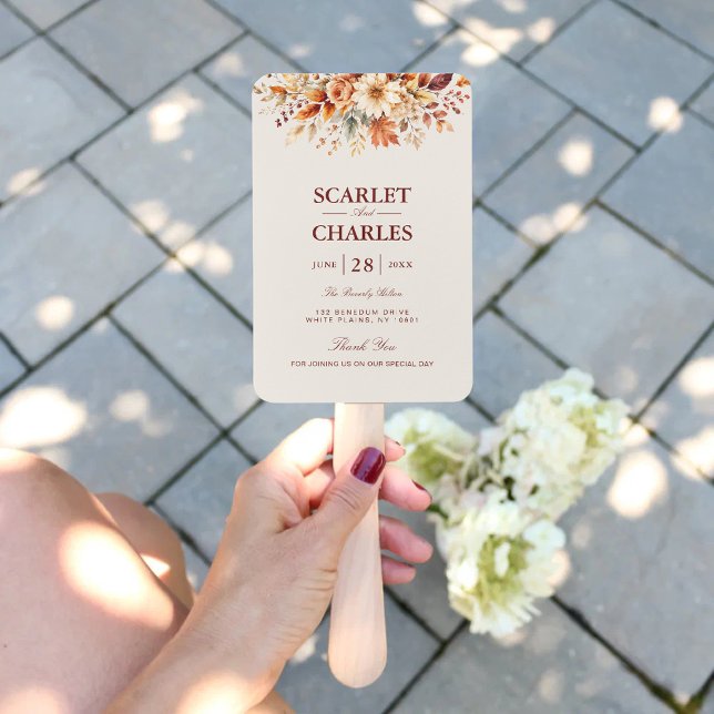 Fall Leaves Autumn Botanical Wedding Program Hand Fan (Fall leaves botanical wedding program hand fan with warm autumn watercolor charm.)