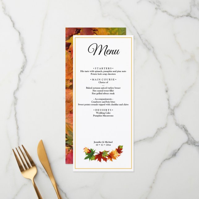 Fall Leaves Autumn Colour Personalize Wedding Menu (Front/Back In Situ)