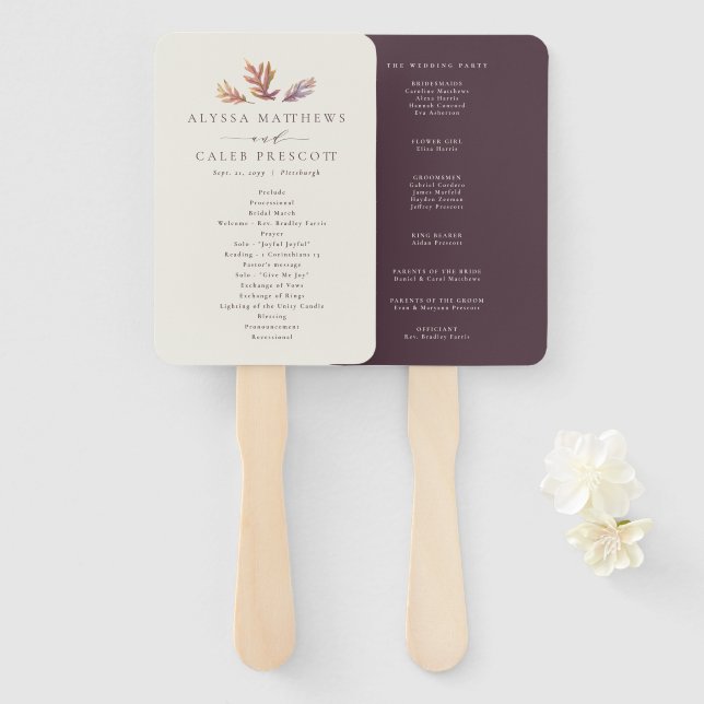 Fall leaves autumn plum wedding program hand fan (Front and Back)