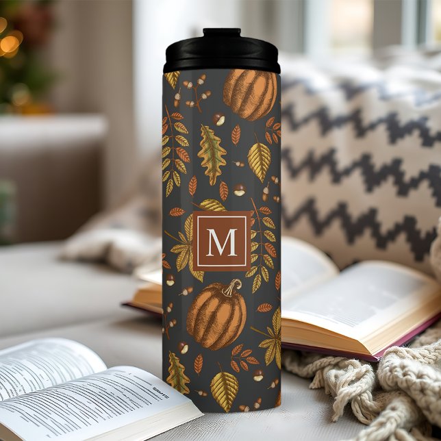 Fall Leaves Autumn Pumpkin Pattern Monogrammed Thermal Tumbler (Creator Uploaded)