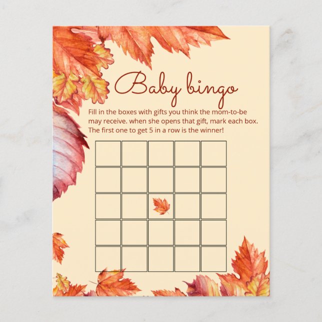 Fall leaves baby shower baby bingo game (Front)