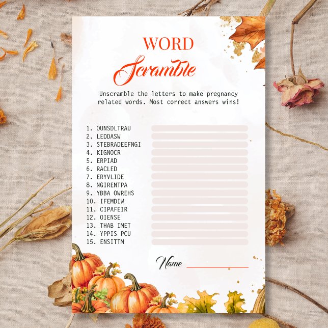 Fall Leaves Baby Shower Word Scramble Game Card (Creator Uploaded)
