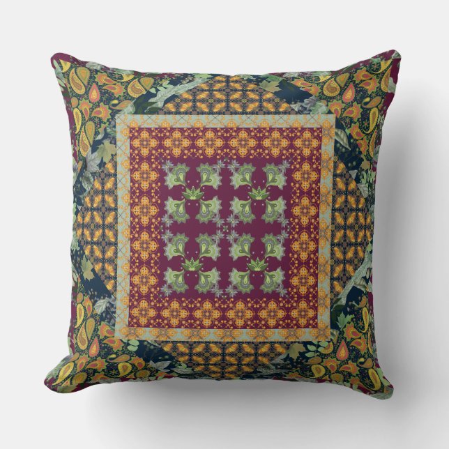 Fall Leaves,  Berries | Paisley Faux Quilt Squares Throw Pillow (Front)