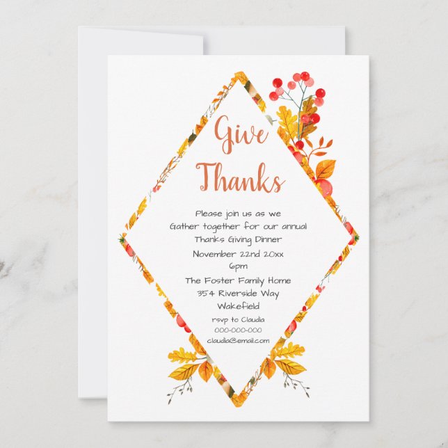 Fall Leaves & Berries Thanks Giving Dinner Invitation (Front)