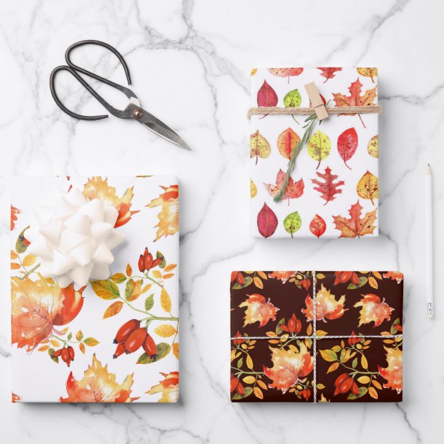 Fall Leaves & Berries Thanksgiving Holiday Wrapping Paper Sheet (Front)