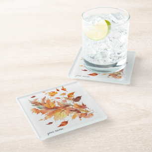 Fall leaves blown in the wind, customizable glass coaster