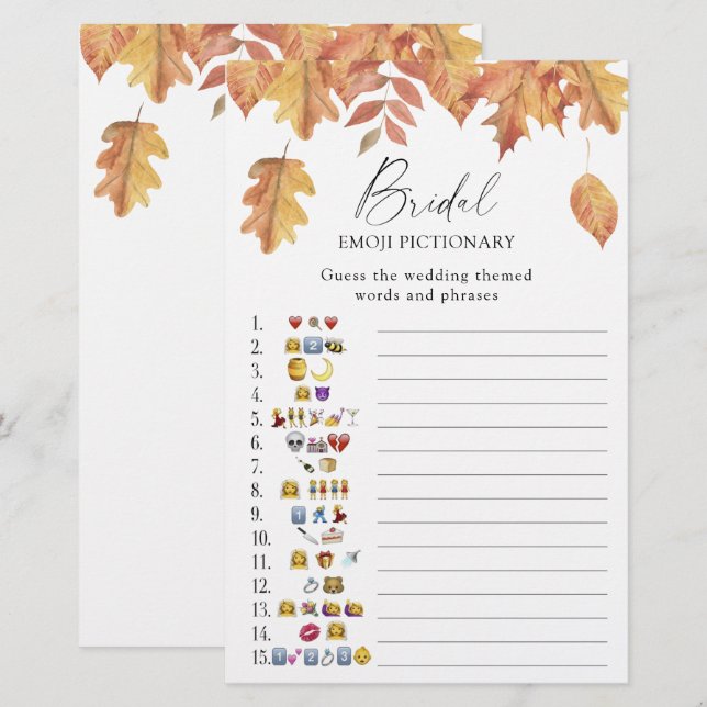 Fall leaves - bridal shower emoji pictionary game (Front/Back)