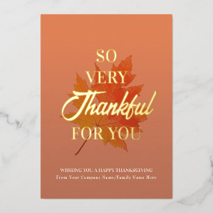 Fall Leaves Burnt Orange Thankful Thanksgiving Foil Holiday Card