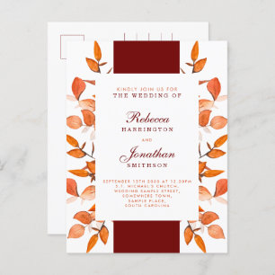 Fall Leaves Burnt Orange Wedding Invitation Postcard