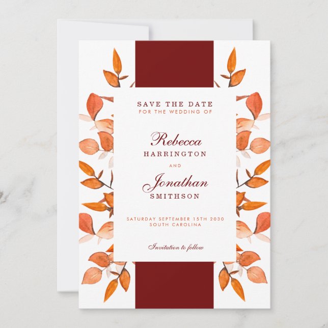Fall Leaves Burnt Orange Wedding Save The Date Invitation (Front)