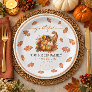 Fall Leaves Cornucopia Grateful Thanksgiving Paper Plate