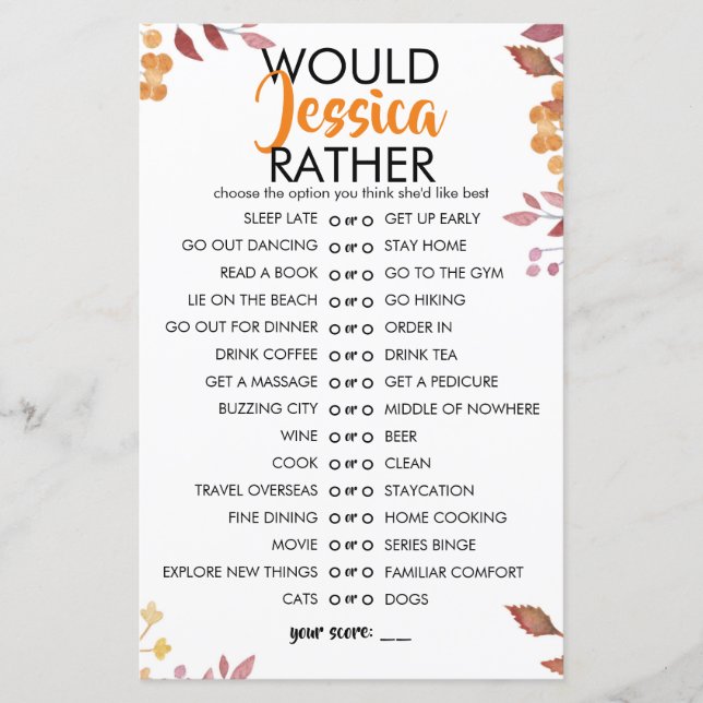 Fall Leaves Customisable Would She Rather Game (Front)