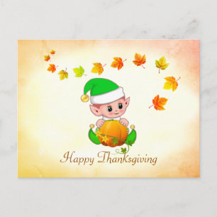 Fall Leaves & Cute Elf Thanksgiving Postcard