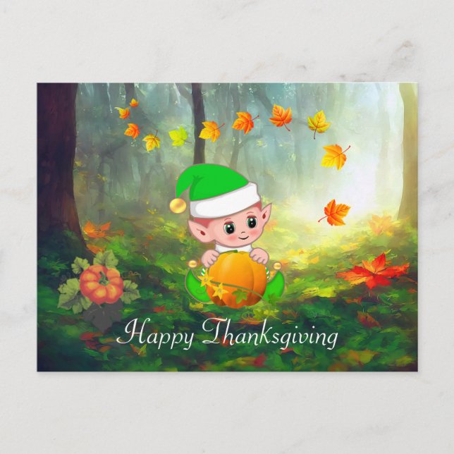 Fall Leaves & Cute Elf Thanksgiving Postcard (Front)