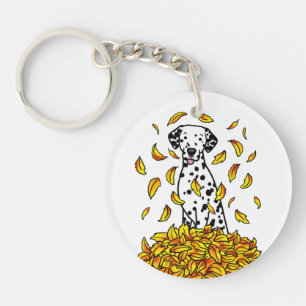 Fall Leaves Dalmatian (black 1) Dog Playing Cute Keychain