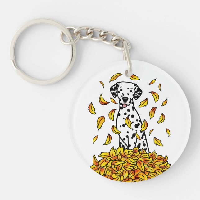 Fall Leaves Dalmatian (black 1) Dog Playing Cute Keychain (Front)
