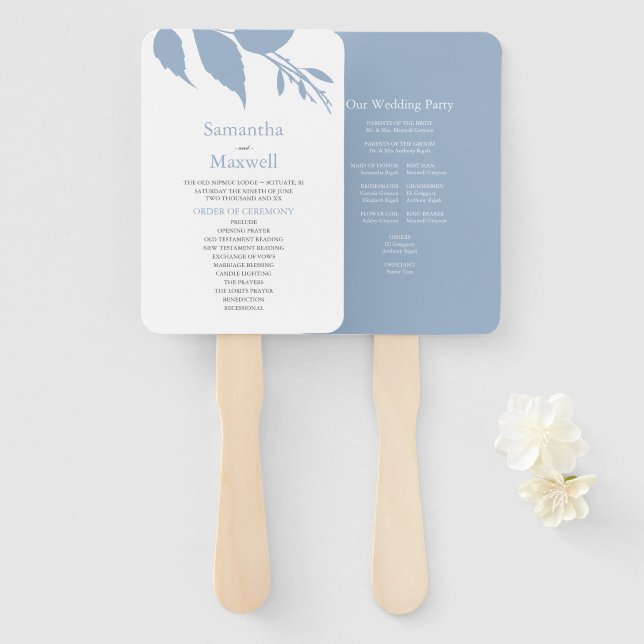 Fall Leaves Dusty Blue Wedding Hand Fan (Front and Back)