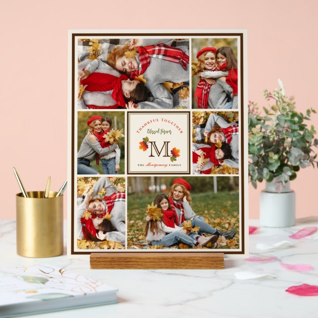 Fall Leaves Family Monogram 6 Photo Thanksgiving Acrylic Sign (Wedding)