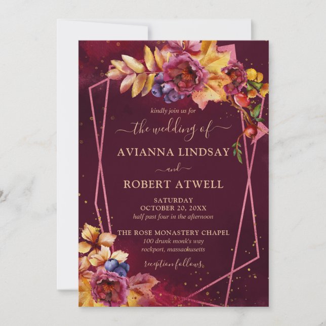Fall Leaves Flowers and Berries Burgundy Wedding Invitation (Front)