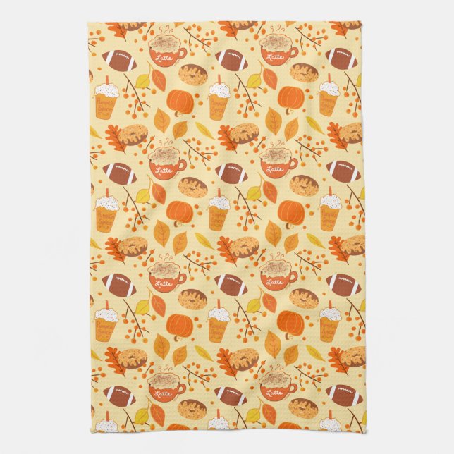 Fall Leaves Football and Pumpkin Spice Pattern Kitchen Towel (Vertical)