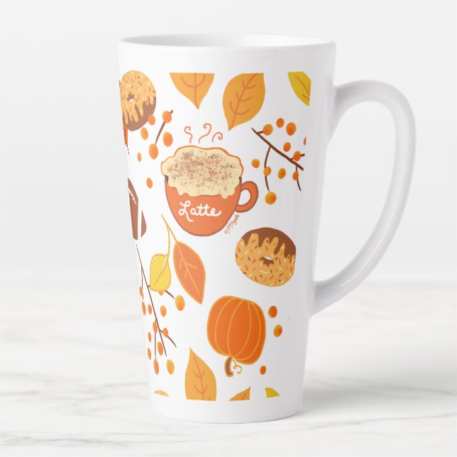 Fall Leaves Football and Pumpkin Spice Pattern Latte Mug (Right)