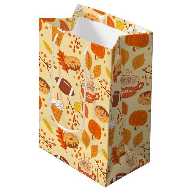 Fall Leaves Football and Pumpkin Spice Pattern Medium Gift Bag (Front Angled)