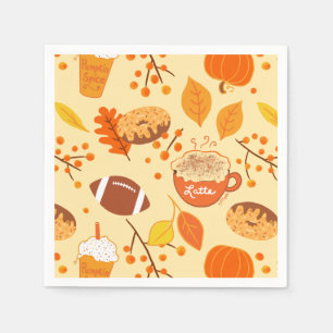 Fall Leaves Football and Pumpkin Spice Pattern Napkin
