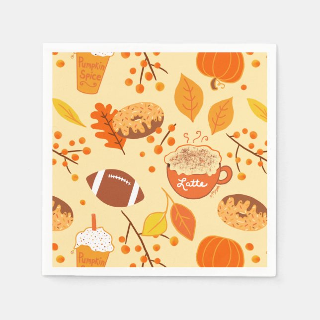 Fall Leaves Football and Pumpkin Spice Pattern Napkin (Front)