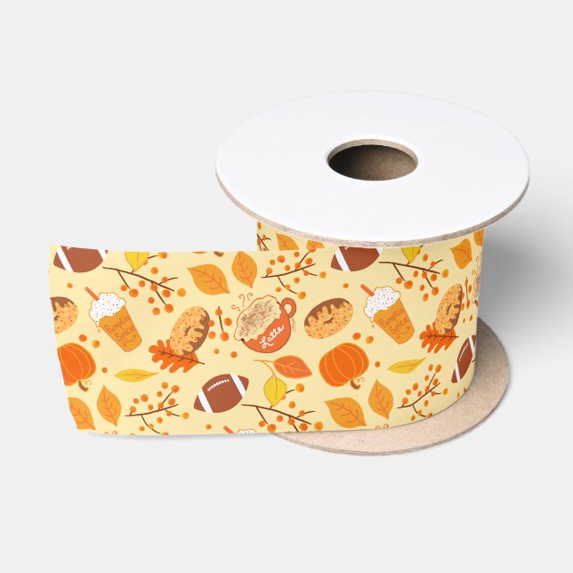 Fall Leaves Football and Pumpkin Spice Pattern Satin Ribbon (Spool)