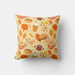 Fall Leaves Football and Pumpkin Spice Pattern Throw Pillow