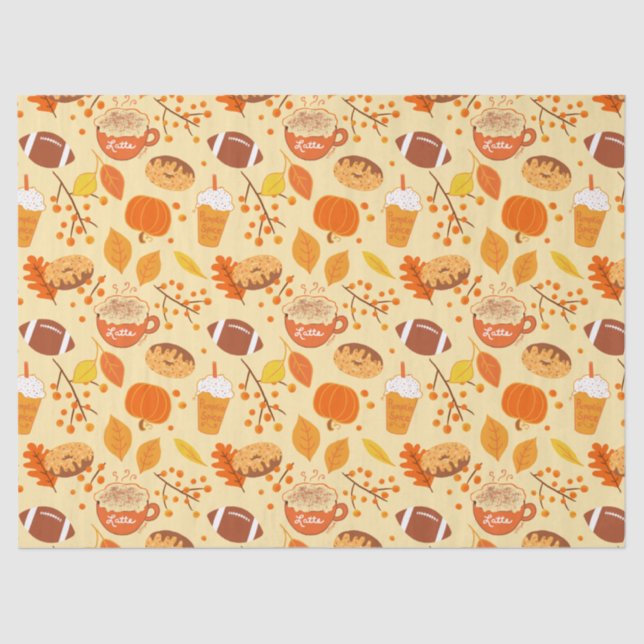 Fall Leaves Football and Pumpkin Spice Pattern Tissue Paper (Front)