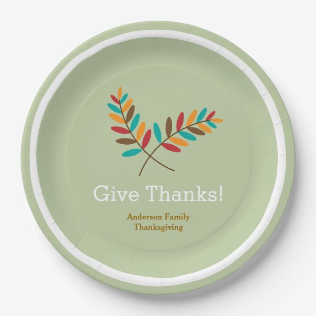 Fall Leaves Give Thanks, Personalized Thanksgiving Paper Plate (Front)