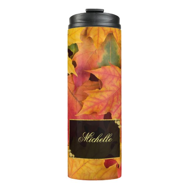 Fall Leaves Gold and Black Label Custom Monogram Thermal Tumbler (Front)