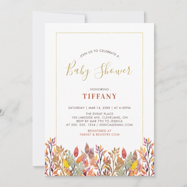 Fall Leaves & Gold Baby Shower / Sprinkle Invitation (Front)