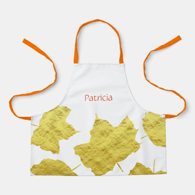 Fall Leaves Gold Foil Autumn Thanksgiving Name Apron (Front)