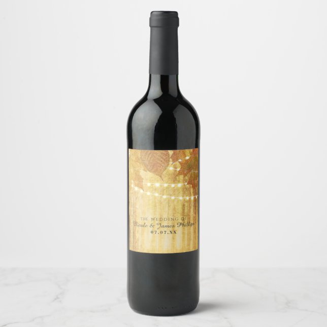 Fall Leaves Golden Autumn Rustic Woods Wine Labels (Front)