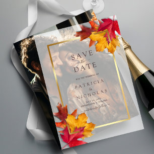Fall Leaves Golden Frame Wedding Save the Date Vellum Invitations
