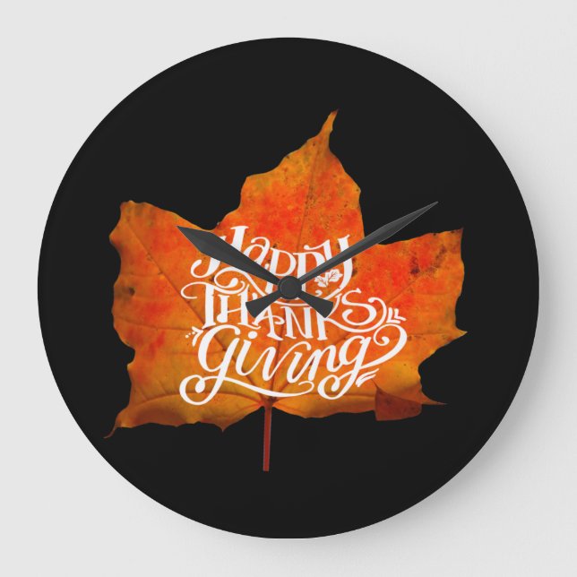 FALL LEAVES  HAPPY THANKSGIVING DAY LARGE CLOCK (Front)